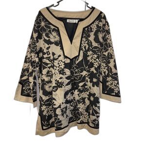 Sante Classics Women Shirt Top Blouse 3X Black Tan Floral Cotton Lined V Neck